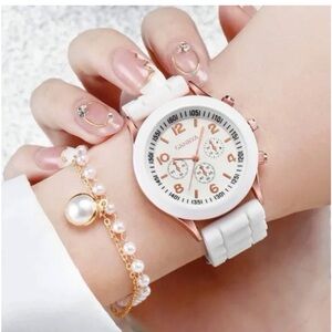 Rose Gold & White Quarts Watch with Matching Bracelet set